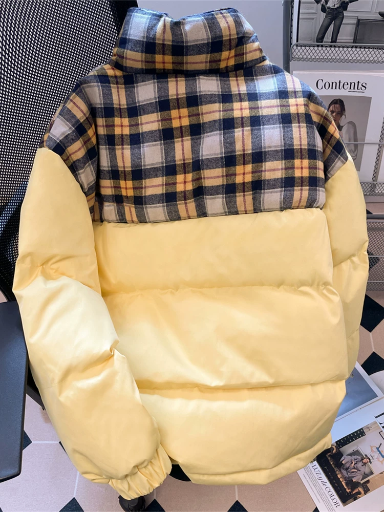 Áo khoác cotton kẻ sọc chắp vá cao cấp theo phong cách retro của Mỹ dành cho nữ, phong cách mùa đông mới, áo khoác phao kiểu đại học dành cho cặp đôi.