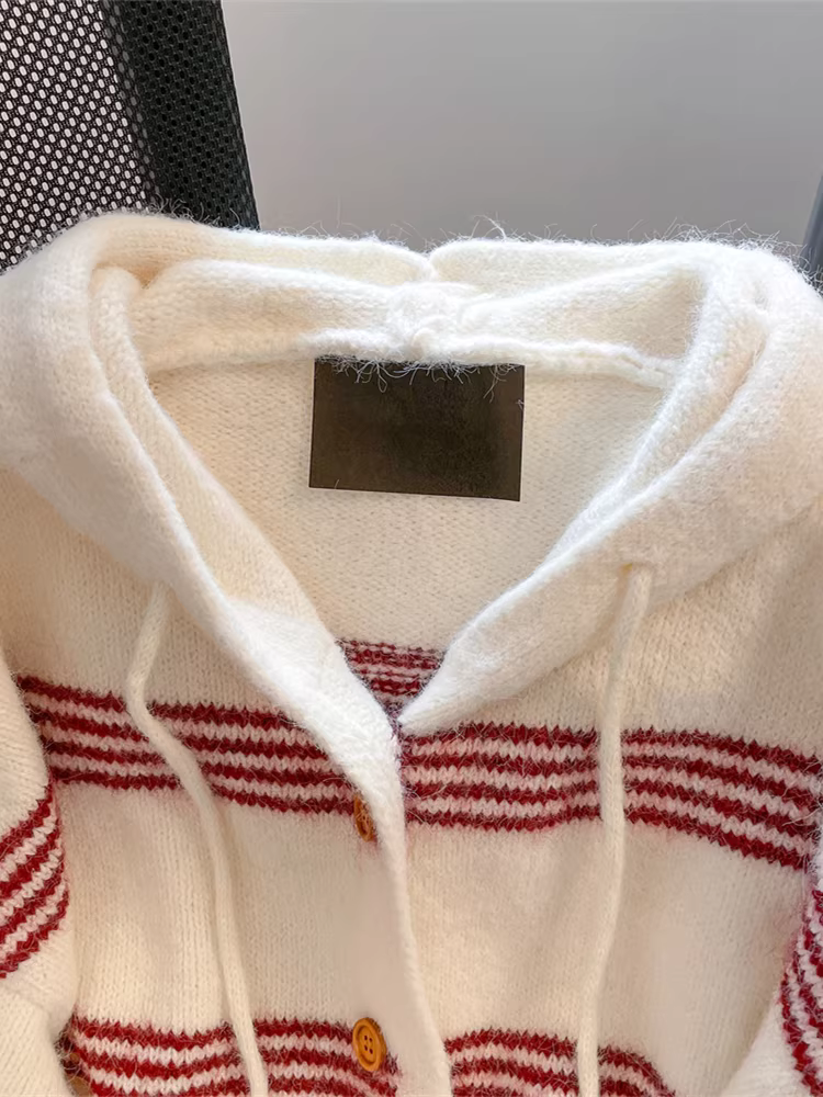 Áo khoác len có mũ trùm đầu sọc lười kiểu Hàn Quốc dành cho phụ nữ nhỏ nhắn, áo len đan len mềm cao cấp dáng rộng mùa thu đông