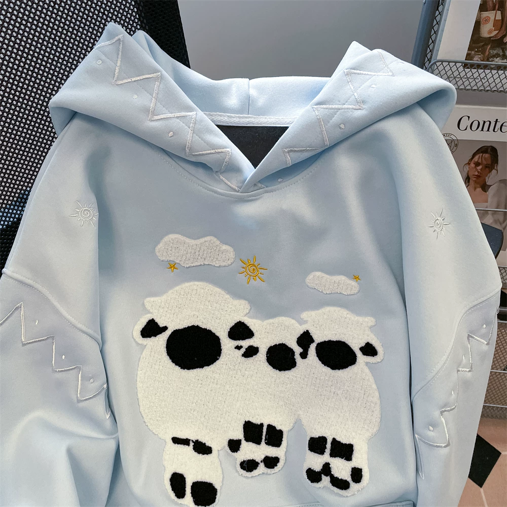 Áo len lông cừu thêu nặng kiểu Hàn Quốc dành cho nữ, áo khoác có mũ trùm đầu phong cách đại học mùa xuân cổ điển dễ thương