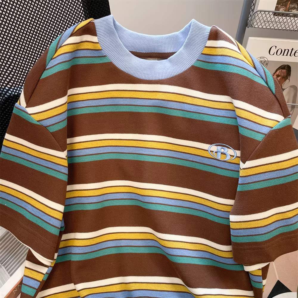 Áo thun nữ tay ngắn kẻ sọc phối màu phong cách đại học Mỹ, kiểu mới hè 2025, áo kiểu dáng năng động, thoải mái