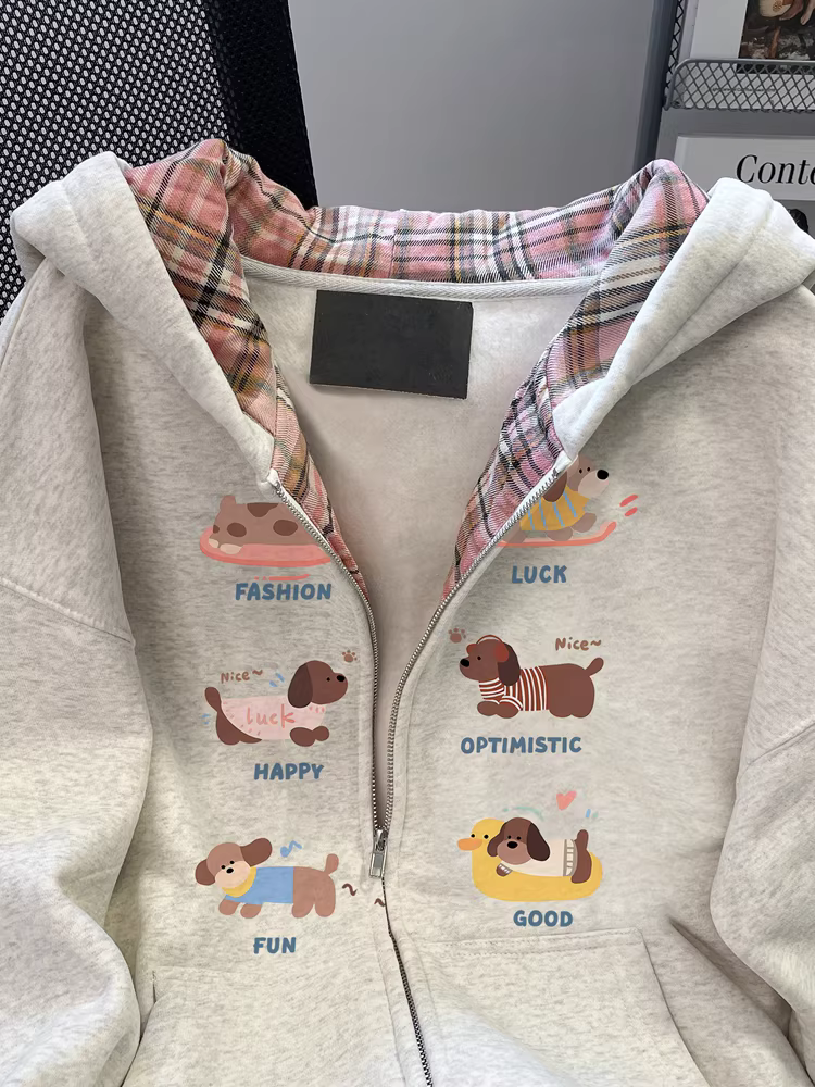 Áo len cardigan in hình chó con hoạt hình phong cách Hàn Quốc mùa thu đông dành cho nữ, áo khoác có mũ trùm đầu chắp vá kẻ sọc độc đáo cao cấp