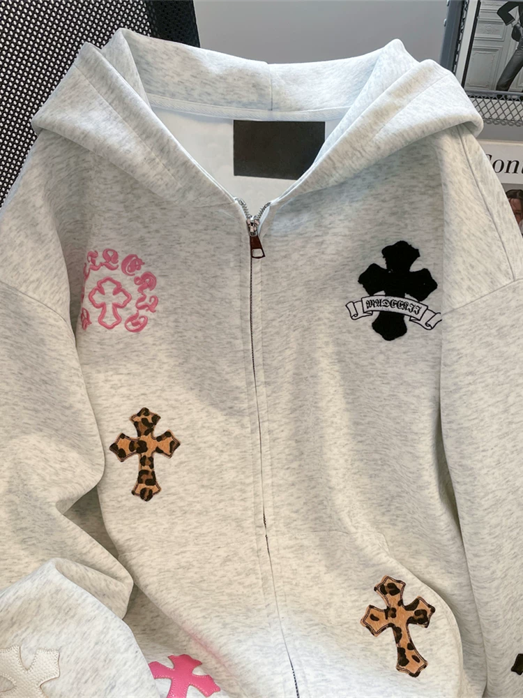 Áo khoác cardigan có mũ trùm đầu kiểu dáng rộng rãi dành cho nữ, phong cách đường phố Mỹ, thêu nặng, mùa thu đông, kiểu cặp đôi