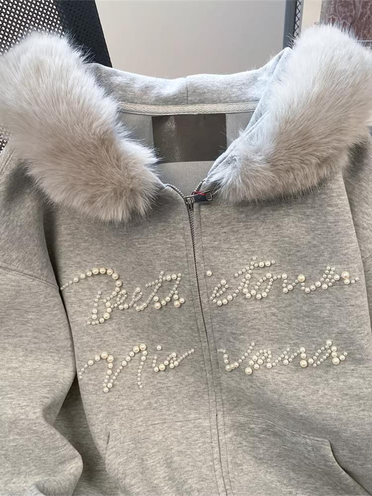 Áo khoác cardigan có cổ lông dày lót lông cừu kiểu Mỹ dành cho nữ, áo len có mũ trùm đầu dáng rộng phong cách lười biếng mùa thu đông