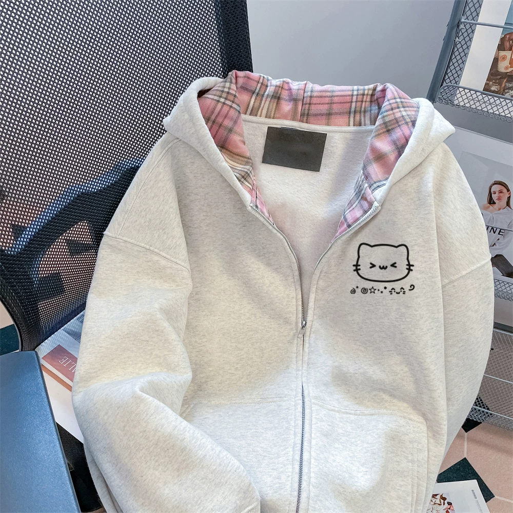 Áo len cardigan hình mèo dễ thương theo phong cách Nhật Bản dành cho nữ, thời trang hợp thời trang mùa xuân và mùa thu, áo khoác có mũ trùm đầu chắp vá kẻ sọc giảm tuổi tác