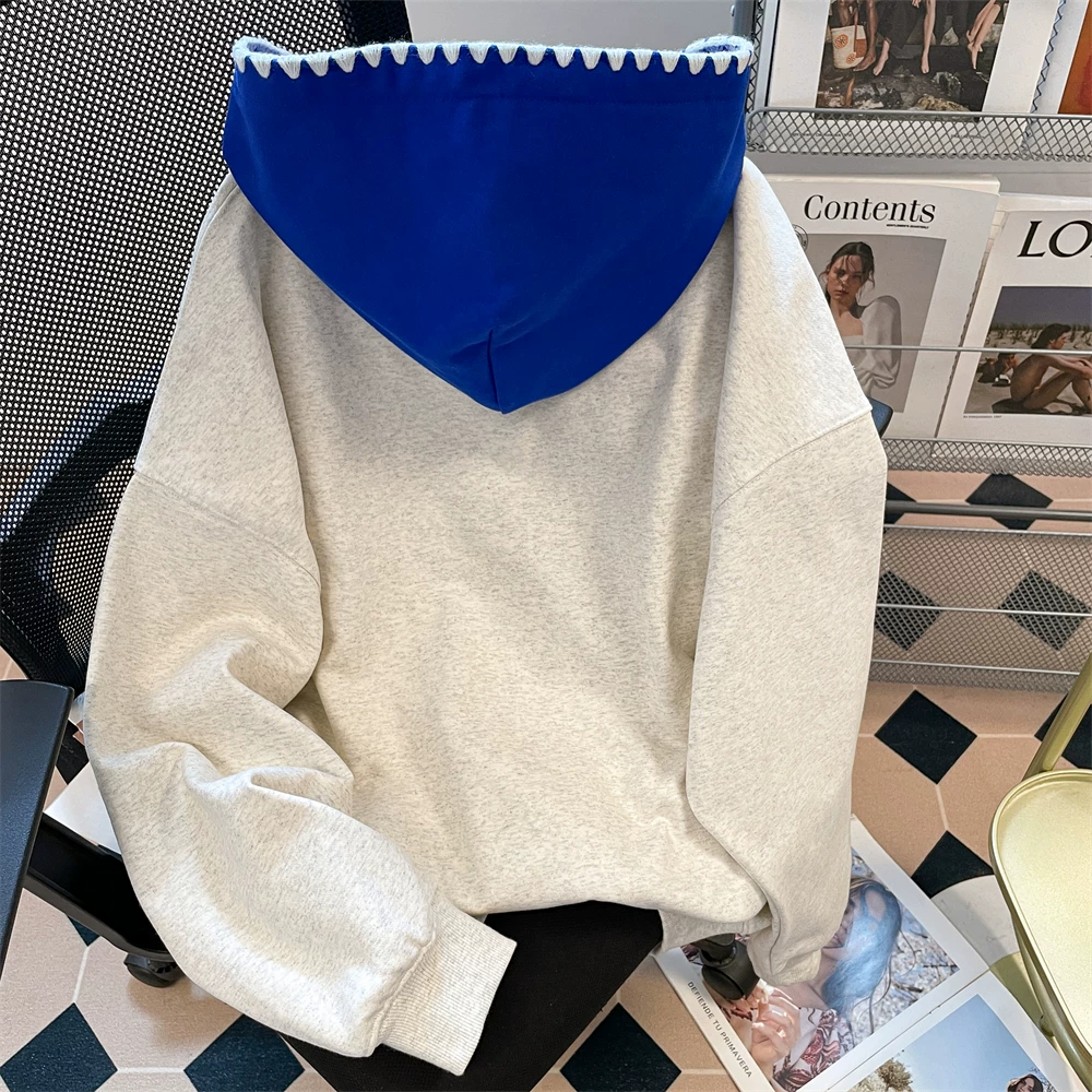 Áo khoác hoodie kiểu chữ cổ điển kiểu Trung Quốc dành cho nữ, mùa thu đông, lót lông cừu dày, dày dặn, áo khoác ngoài kiểu dáng lười biếng.