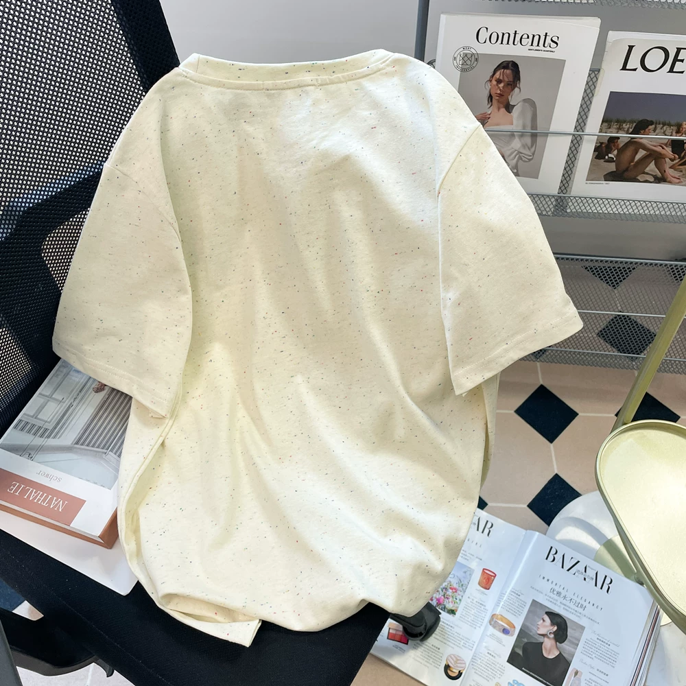 Áo thun ngắn tay bằng vải cotton nguyên chất dài đến vai kiểu Nhật Bản dành cho nữ, áo nửa tay kiểu cổ điển phong cách Hong Kong mùa hè dopamine sang trọng