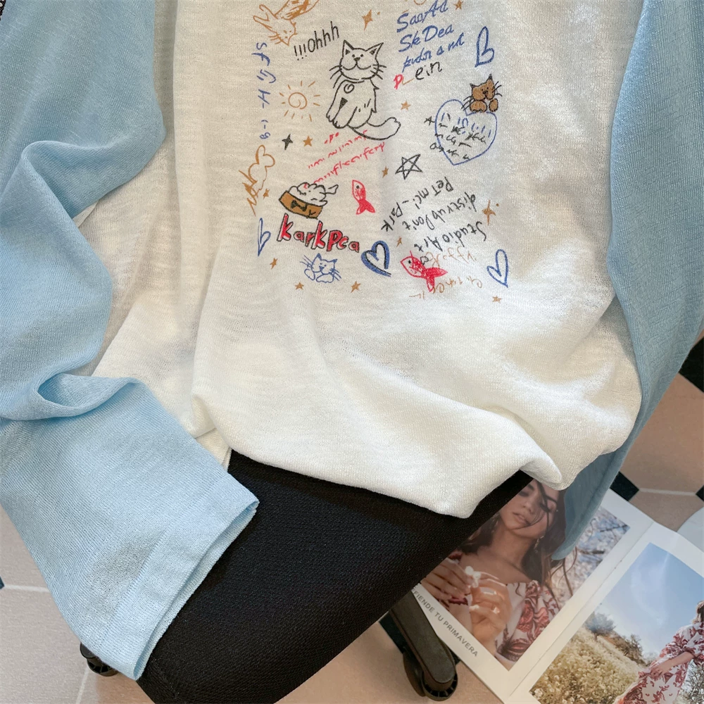 Áo thun chống nắng phong cách hoạt hình vui nhộn kiểu Hàn Quốc dành cho nữ, áo dài tay raglan phối ren thoải mái mùa hè