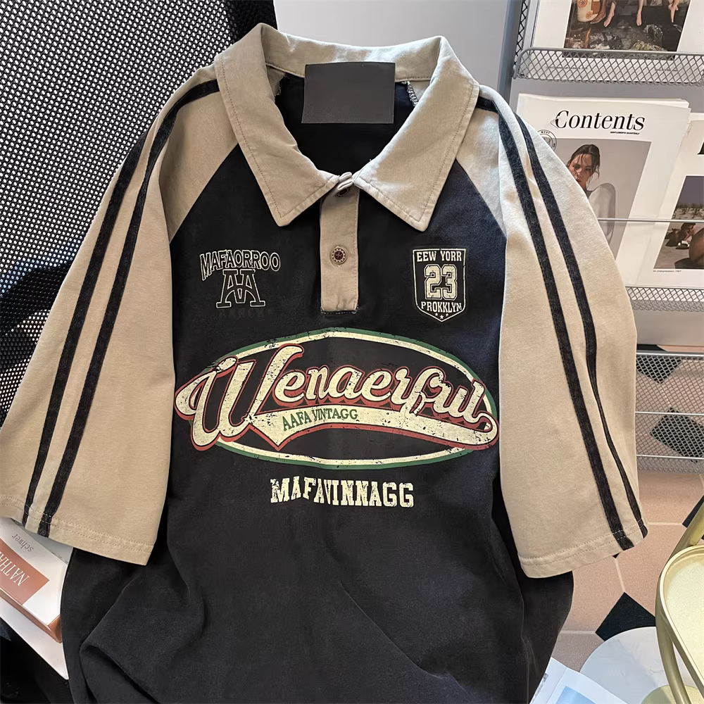 Áo polo độc đáo phong cách đường phố Mỹ dành cho nữ, áo thun tay ngắn dáng rộng chất dày, kiểu raglan, mùa hè