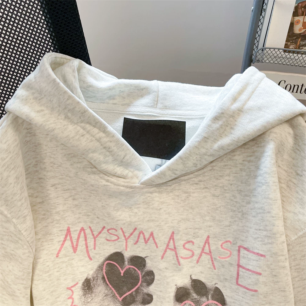Áo hoodie in chữ hình bàn chân mèo dễ thương phong cách đại học Mỹ dành cho nữ, kiểu dáng mỏng mùa xuân thu, áo khoác cổ điển phong cách Hồng Kông sang trọng dành cho cặp đôi
