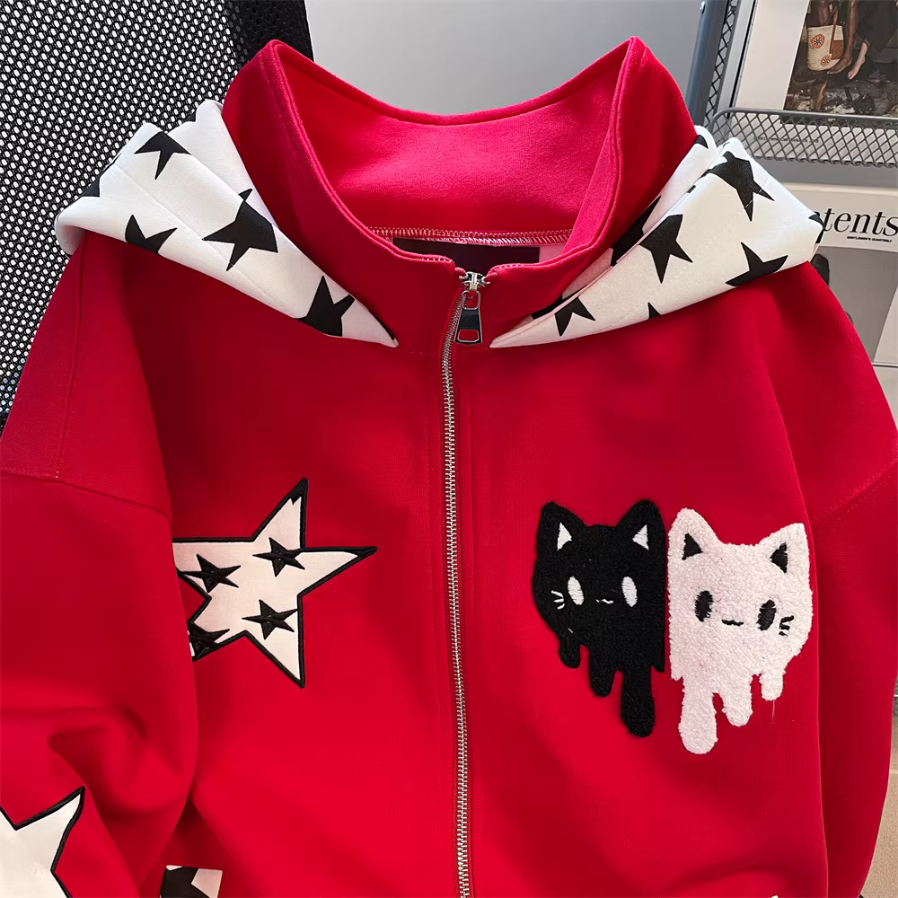 Áo khoác có mũ trùm đầu thêu hình ngôi sao theo phong cách Mỹ dành cho nữ, áo khoác cardigan độc đáo hợp thời trang mùa thu