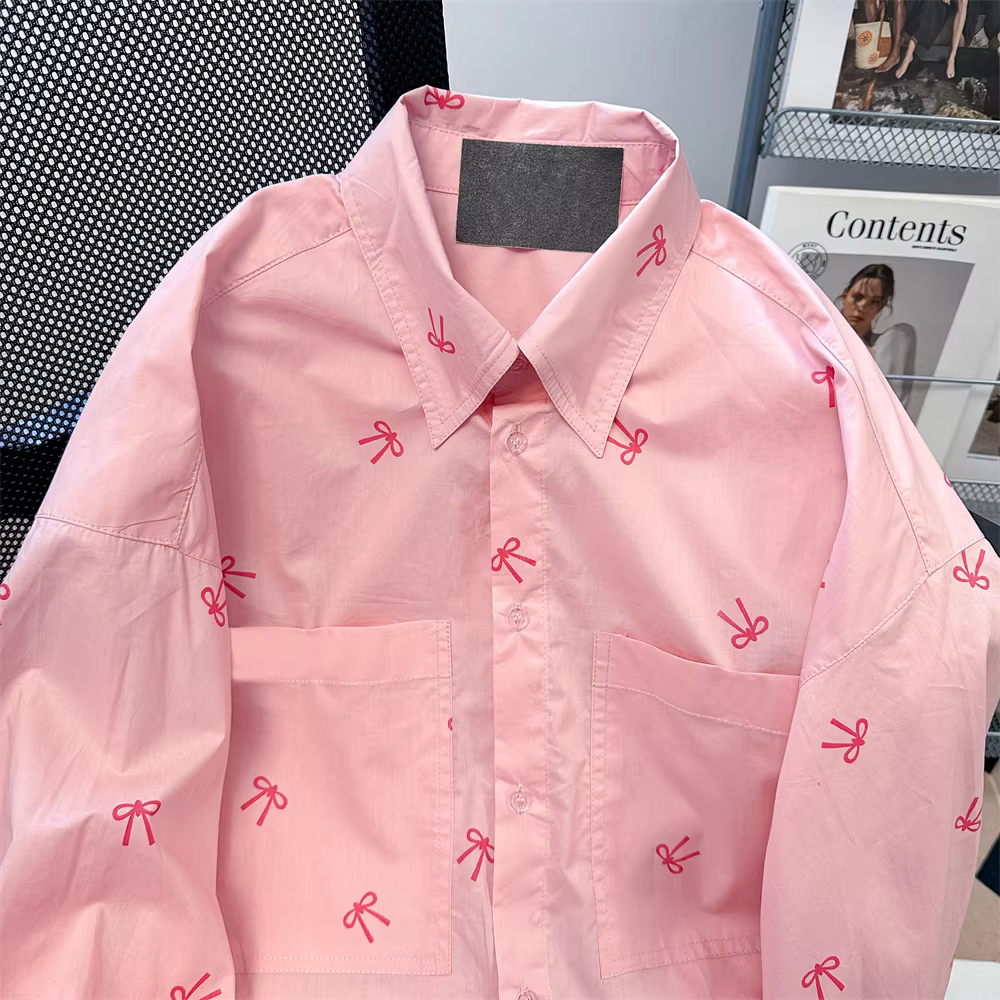 Áo sơ mi nữ in họa tiết nơ ngọt ngào cao cấp, kiểu mới xuân thu 2024, áo dài tay thanh lịch.