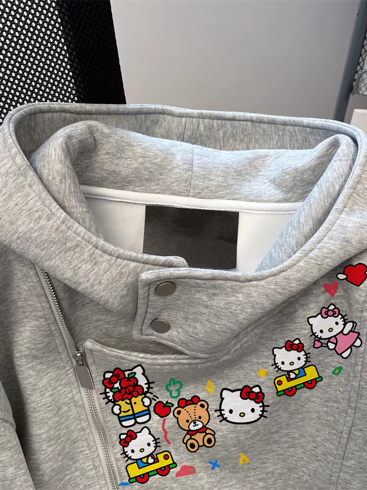 Áo len cardigan hình mèo Kitty dễ thương phong cách Hàn Quốc dành cho nữ, mùa thu đông, sành điệu, ngọt ngào, trẻ trung, áo khoác có mũ lót lông cừu