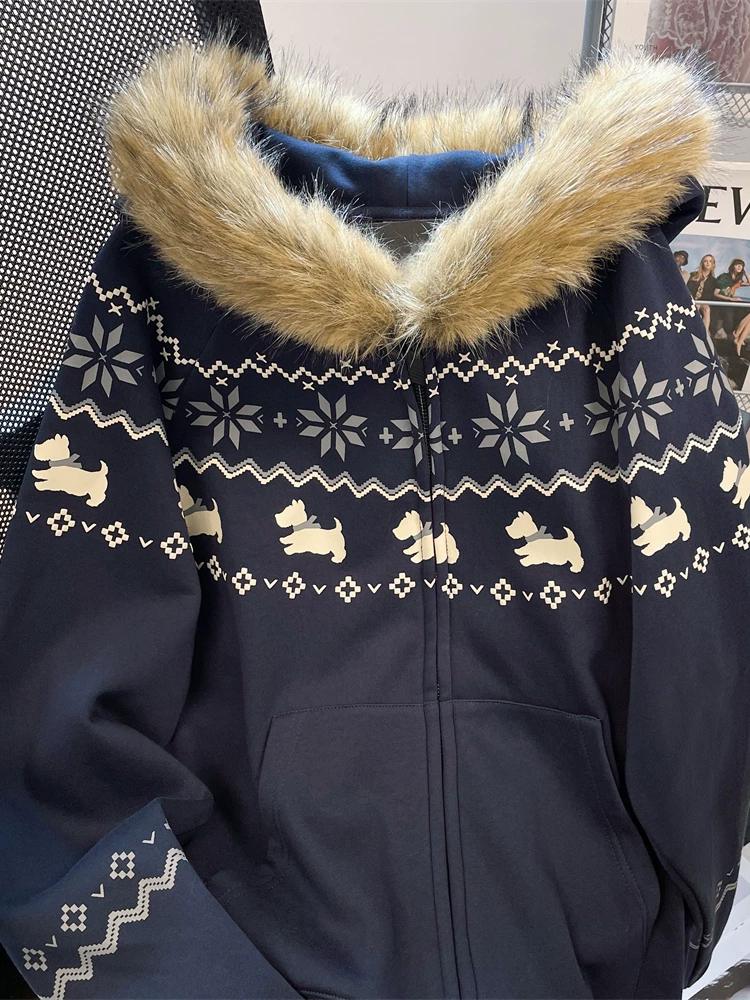 Áo len cổ lông chó Fair Isle cổ điển cao cấp dành cho nữ, phong cách Hàn Quốc mùa thu đông, trang phục khí chất, áo khoác lót lông cừu và dày dặn.