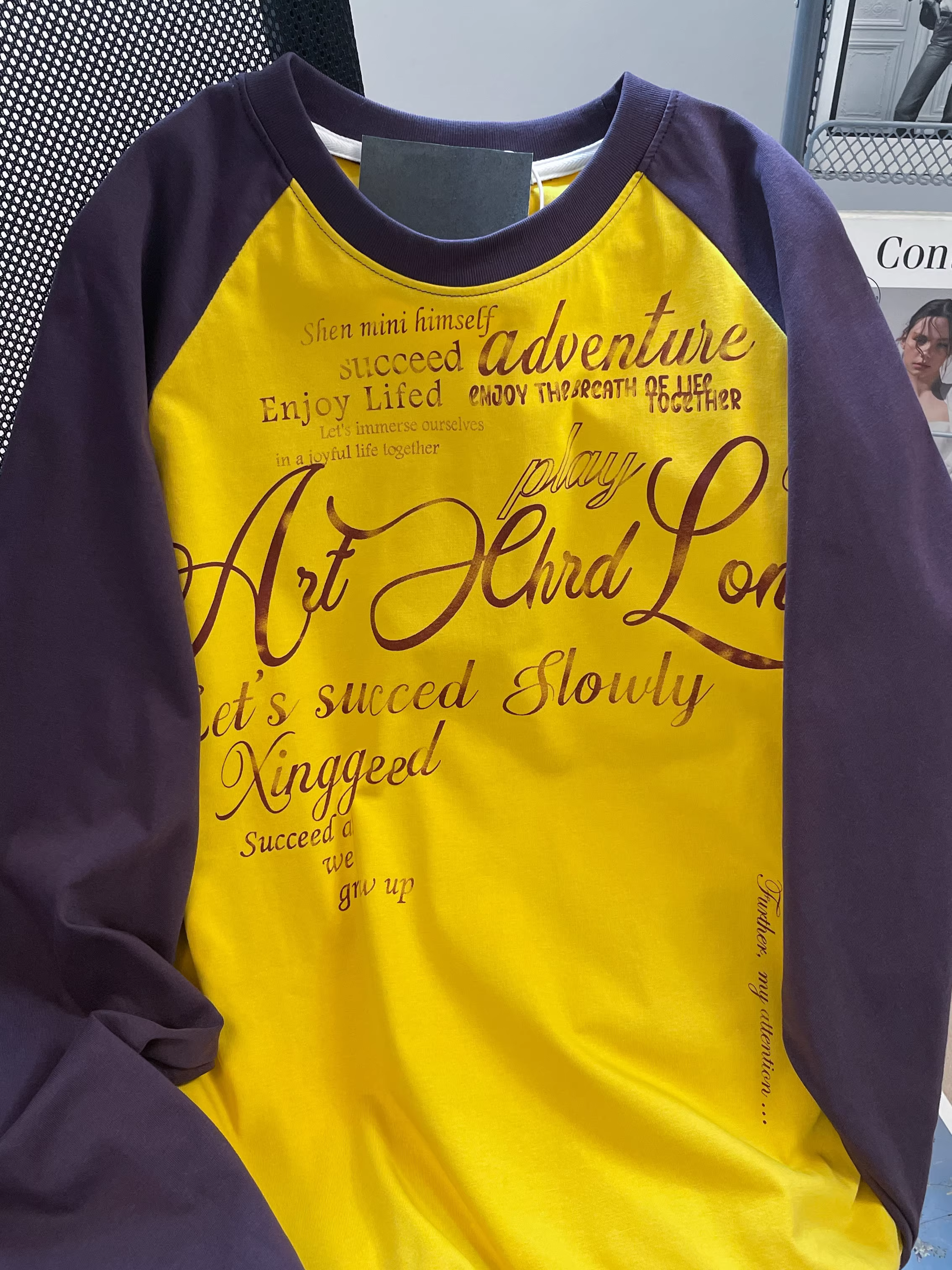 Áo thun dài tay kiểu raglan thiết kế cổ điển Hàn Quốc dành cho nữ, áo sơ mi dáng rộng kiểu Mỹ phong cách cặp đôi mùa thu