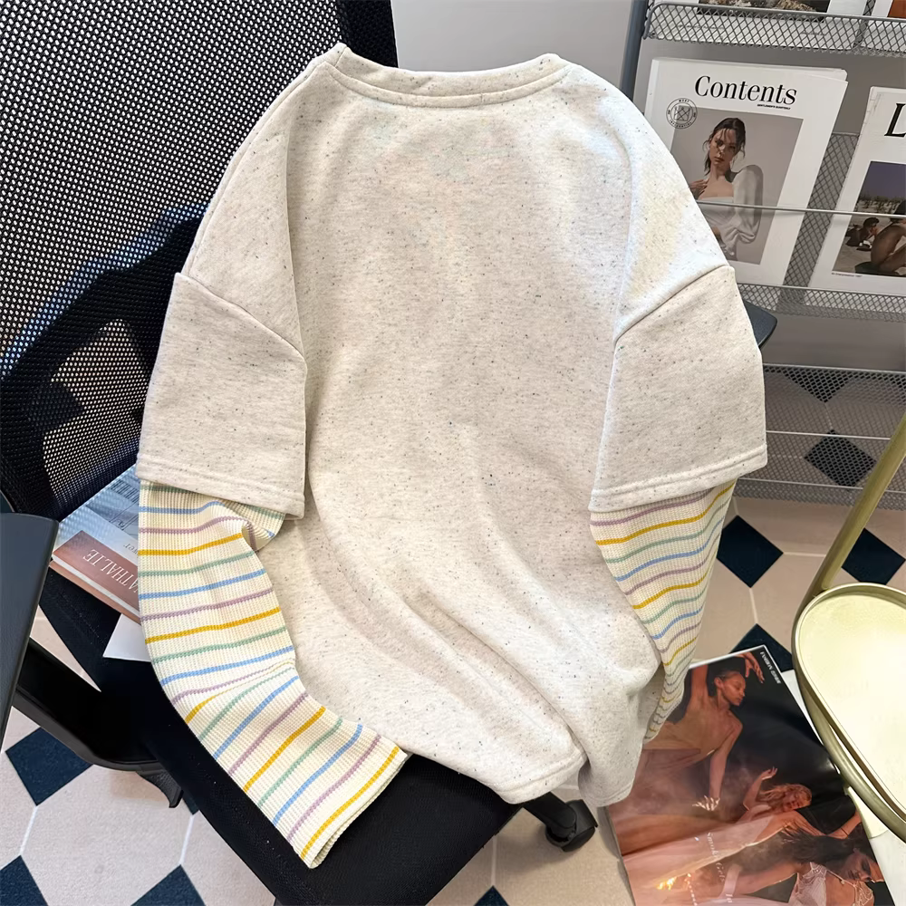 Áo len thêu hoạt hình ngọt ngào phong cách Hàn Quốc dành cho nữ, áo thun dài tay dệt kim sọc giả hai mảnh mùa thu