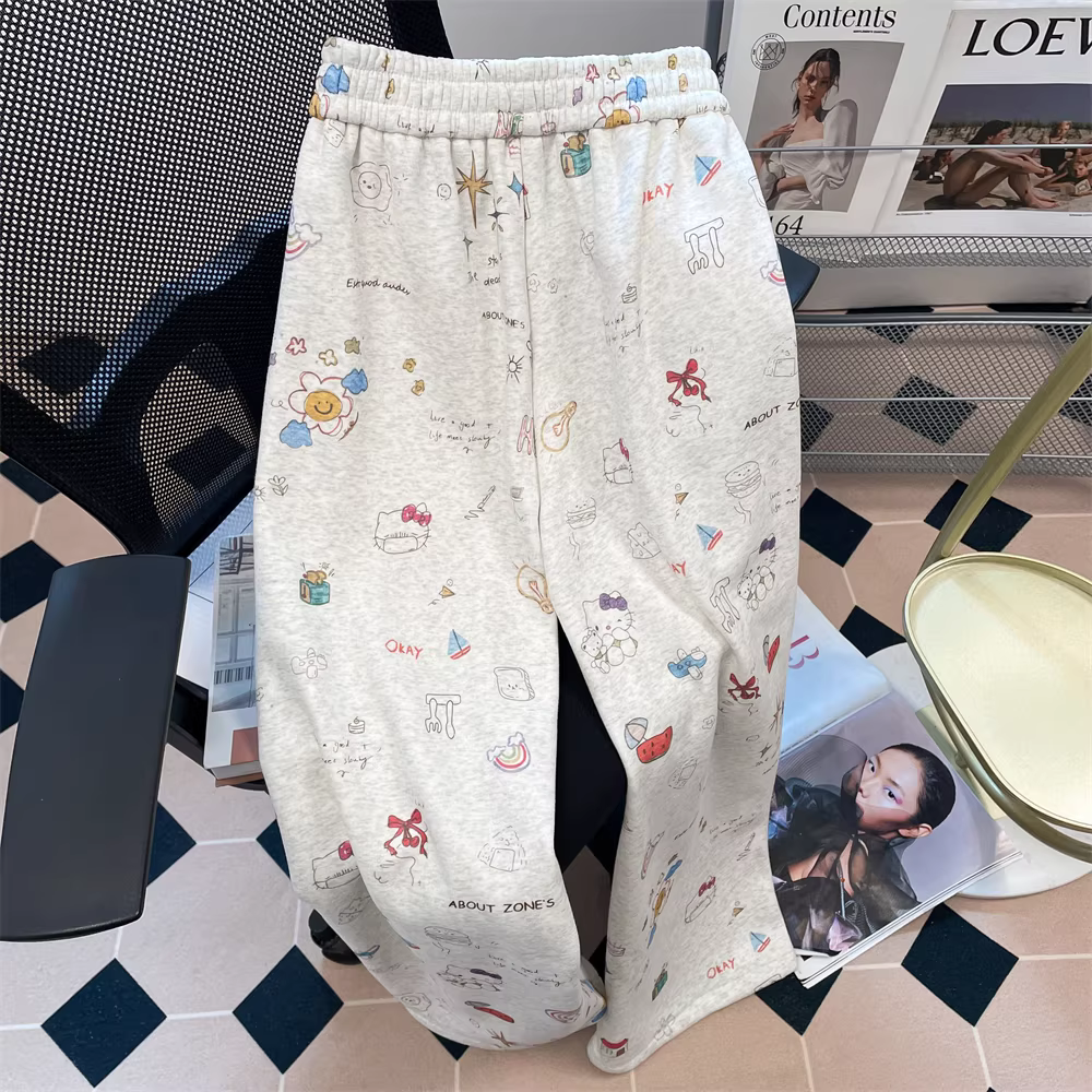 Quần thể thao ống rộng Hello Kitty dễ thương kiểu Nhật màu xám dành cho nữ, lót lông cừu, dày dặn, ấm áp, giản dị, ống thẳng, quần dài mềm mại