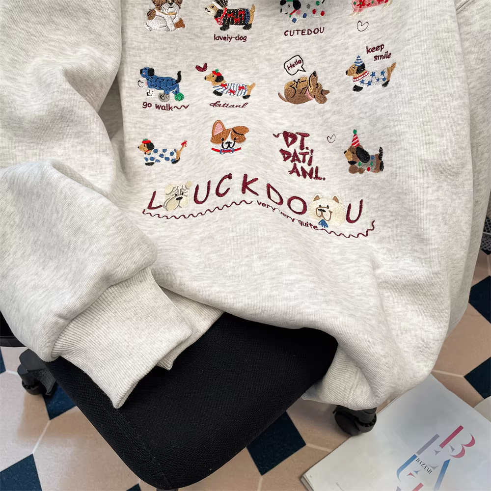 Áo hoodie thêu lông cừu cao cấp dành cho nữ, thời trang thu đông, áo khoác dáng rộng phong cách châu Âu