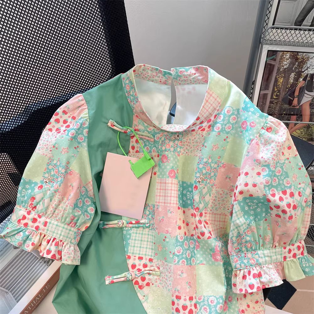 Áo sơ mi tay phồng cài khuy phong cách quốc gia độc đáo kiểu Pháp dành cho nữ, áo ngắn không đều kiểu rừng mùa hè dành cho người nhỏ nhắn