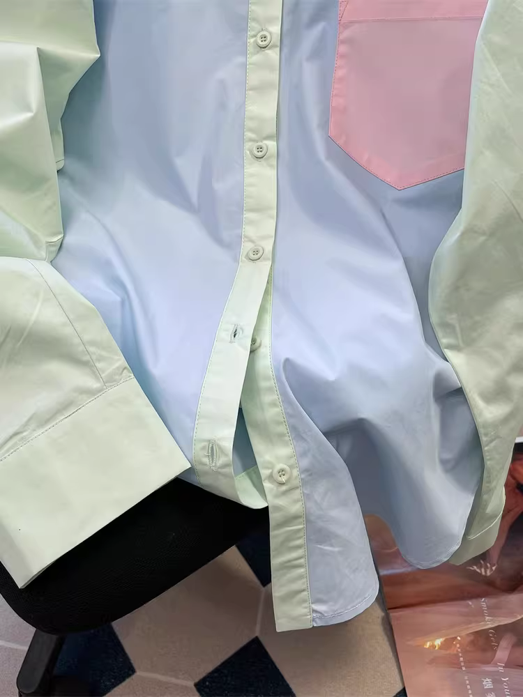 Áo sơ mi dài tay phối màu dopamine phong cách Hồng Kông dành cho nữ, đầu thu, áo khoác ngoài giản dị, thoải mái và thư giãn