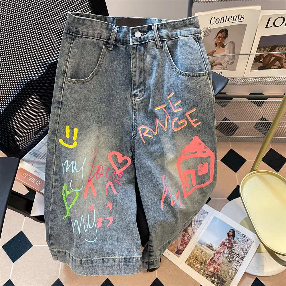 Quần short denim capri phong cách graffiti Dopamine dành cho nữ, quần ống rộng dáng rộng phong cách đường phố Mỹ mùa hè
