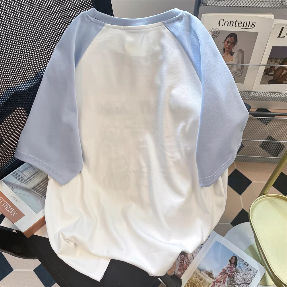 Áo thun ngắn tay thêu hình chú chó hoạt hình dễ thương kiểu Nhật Bản dành cho nữ mùa hè dáng rộng hợp thời trang màu sắc phối hợp thời trang tay raglan