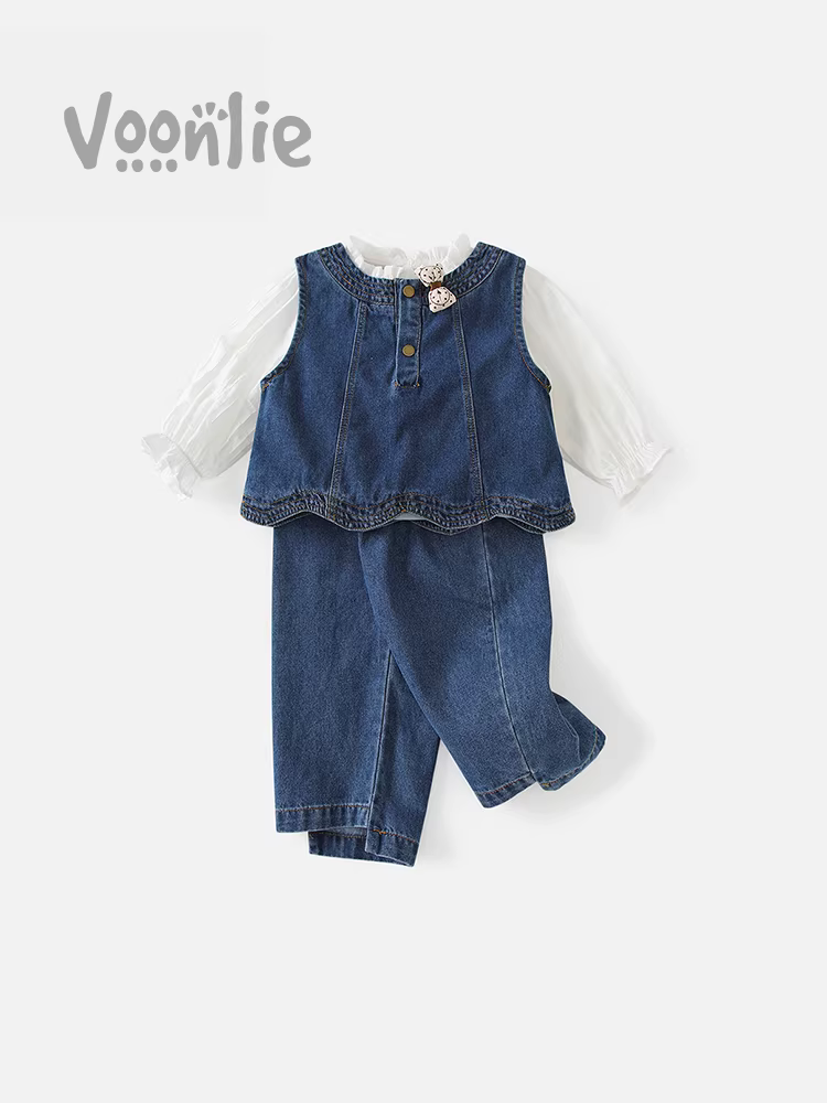 Bộ trang phục bé gái Fanhle Thu Đông 2025 Thời trang mới Quần áo trẻ em Bộ ba denim cho bé mùa xuân thu