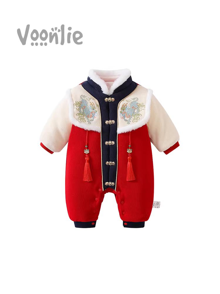 Quần áo trẻ em, quần áo mùa đông, bộ liền quần trẻ em unisex, lễ mừng trăng tròn, trang phục sinh nhật đầu tiên theo phong cách Trung Hoa, trang phục lễ kỷ niệm sinh nhật, trang phục năm mới, bộ liền quần.