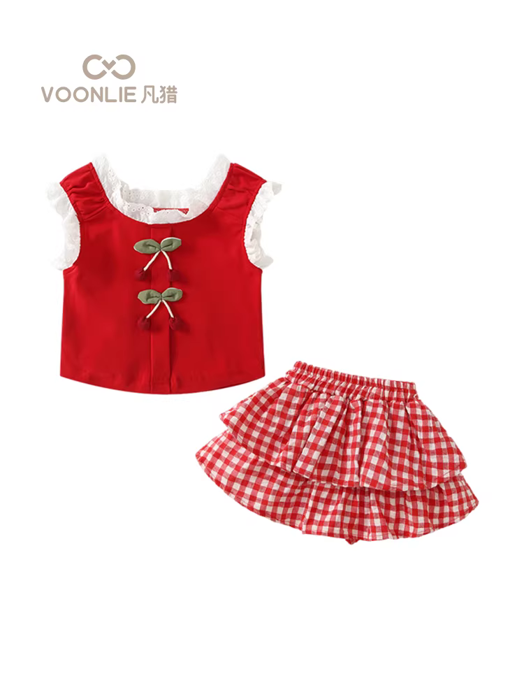Bộ trang phục hè 2025 cho bé gái, thời trang, áo vest và chân váy ngắn hai mảnh, kiểu dáng mới