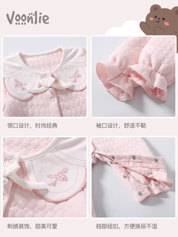 Quần áo trẻ em mùa thu bộ trang phục bé gái sơ sinh áo liền quần công chúa trăng tròn trăm ngày áo liền quần ngoài trời quần áo bò mùa xuân và mùa thu