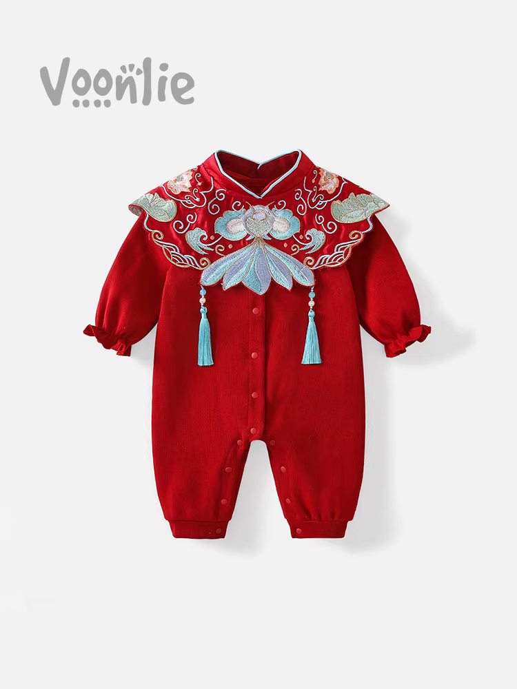 Quần áo trẻ em mùa thu đông, bộ liền quần bé gái, đầy tháng, trăm ngày, váy sinh nhật đầu tiên, trang phục sinh nhật năm mới, trang phục chúc mừng năm mới.