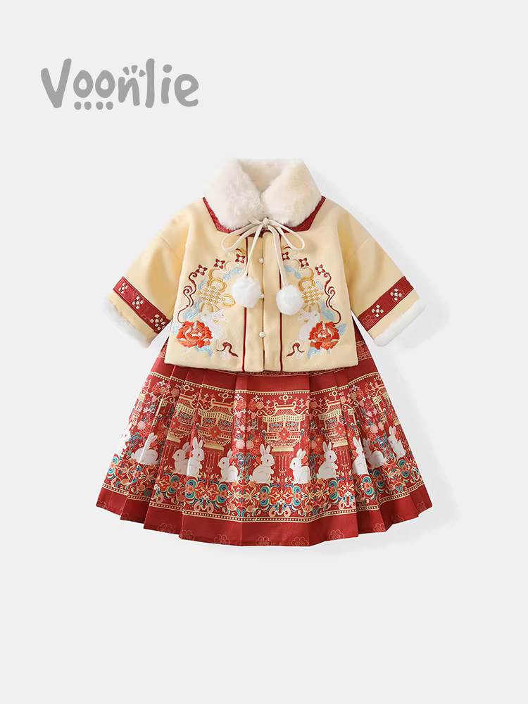 Váy mặt ngựa dành cho bé gái Fanhua Trang phục mùa đông Phong cách Trung Hoa dành cho trẻ em Bộ đồ Tang Suit có lót lông cừu cho bé Váy sinh nhật đầu tiên cho mùa thu đông