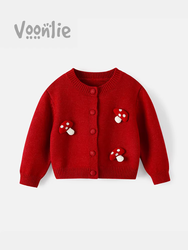 Áo len dệt kim nữ Fanhle Thu Đông 2025 Mẫu mới thời trang Áo khoác len đỏ trẻ em Áo bé gái cho mùa xuân và mùa thu