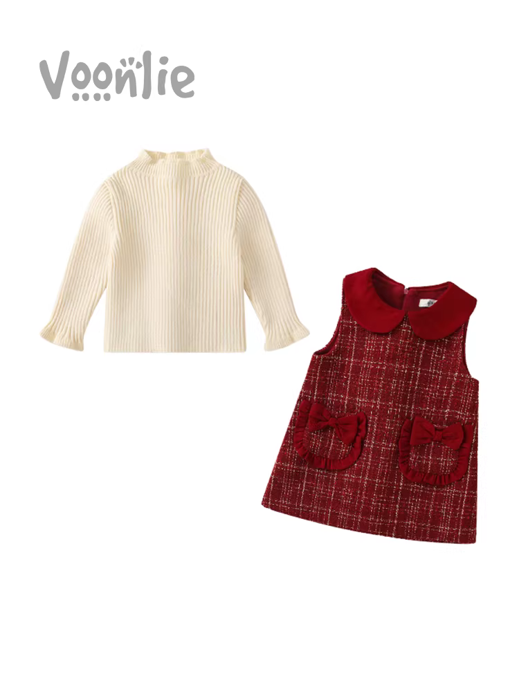 Váy kiểu Chanel nhỏ nhắn cho bé gái, trang phục mùa đông, váy công chúa trẻ em sành điệu có lớp lót lông cừu, váy vest, váy trang trọng cho bé một tuổi, trang phục năm mới.