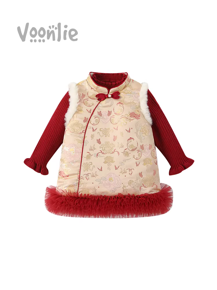 Váy Hanfu cho bé gái trang phục mùa đông phong cách truyền thống của trẻ em sườn xám có đệm kiểu Tang phù hợp với bé váy sinh nhật đầu tiên màu đỏ trang phục năm mới