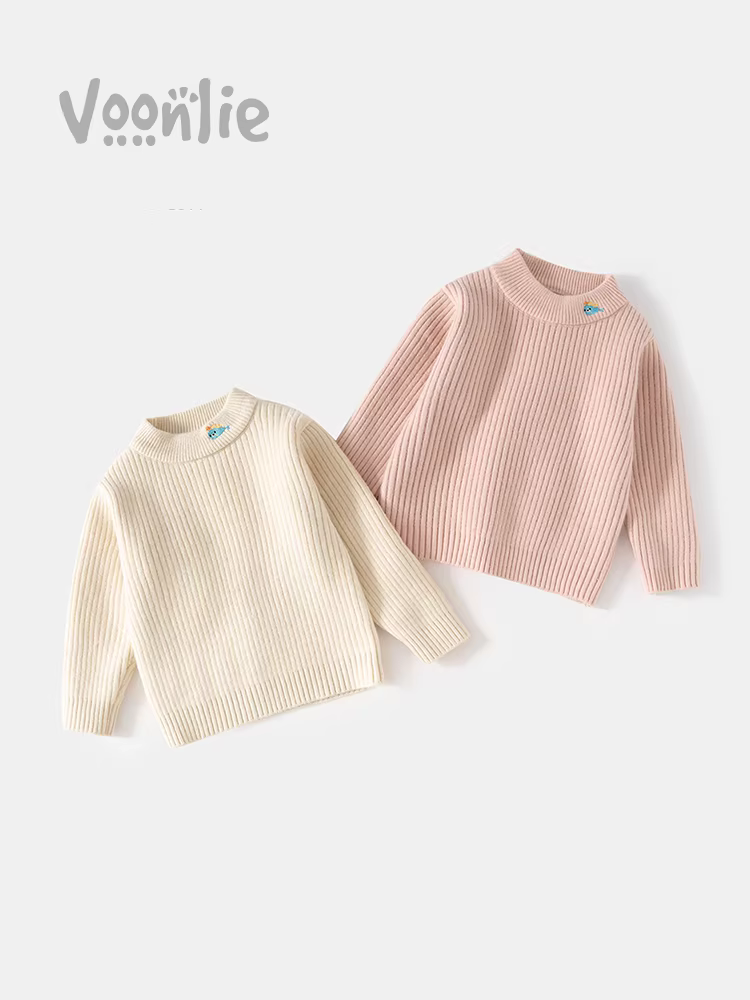 Áo len lớp lót mùa đông cho bé gái, áo len dệt kim lót lông cừu thời trang, áo len ấm áp cho trẻ em, áo nửa cổ lọ cho bé gái mùa đông.