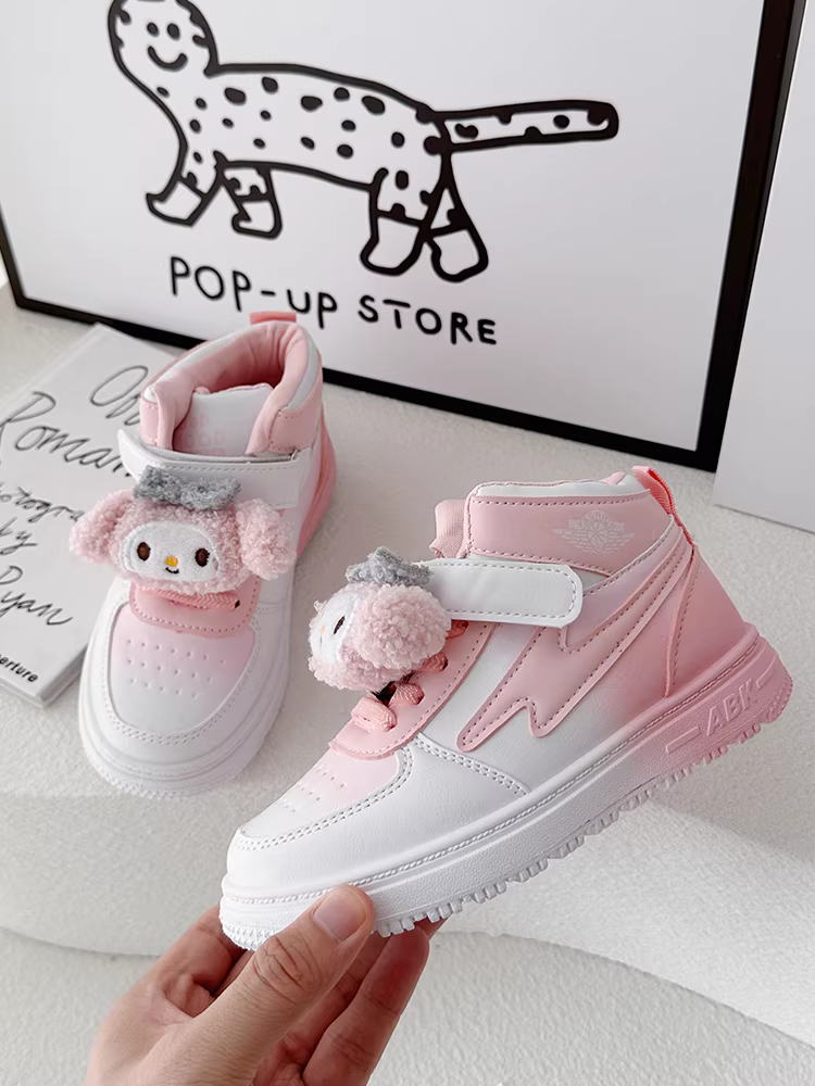 Giày thể thao cổ cao trẻ em, giày thể thao trắng, giày nữ kiểu mới xuân thu 2024, giày thể thao học sinh, giày vải phối màu trắng.