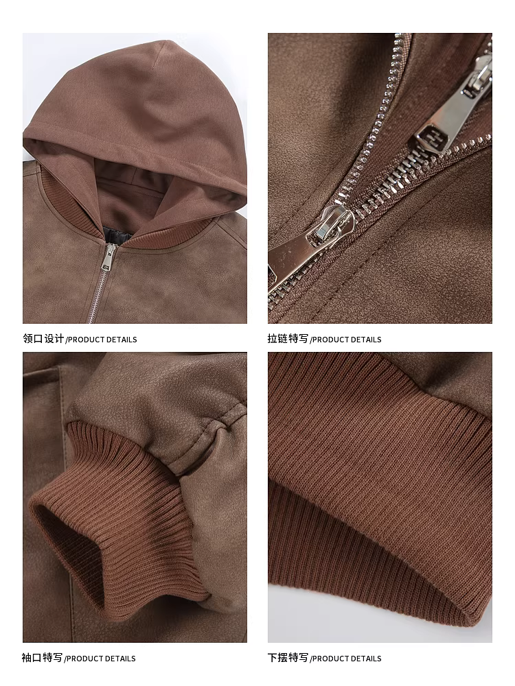 Wukong có sẵn áo khoác cotton có mũ trùm đầu giả da màu nâu Melard cổ điển, kiểu hai mảnh ghép, dành cho nam, trang phục cặp đôi rộng rãi, áo khoác cotton giả da PU.