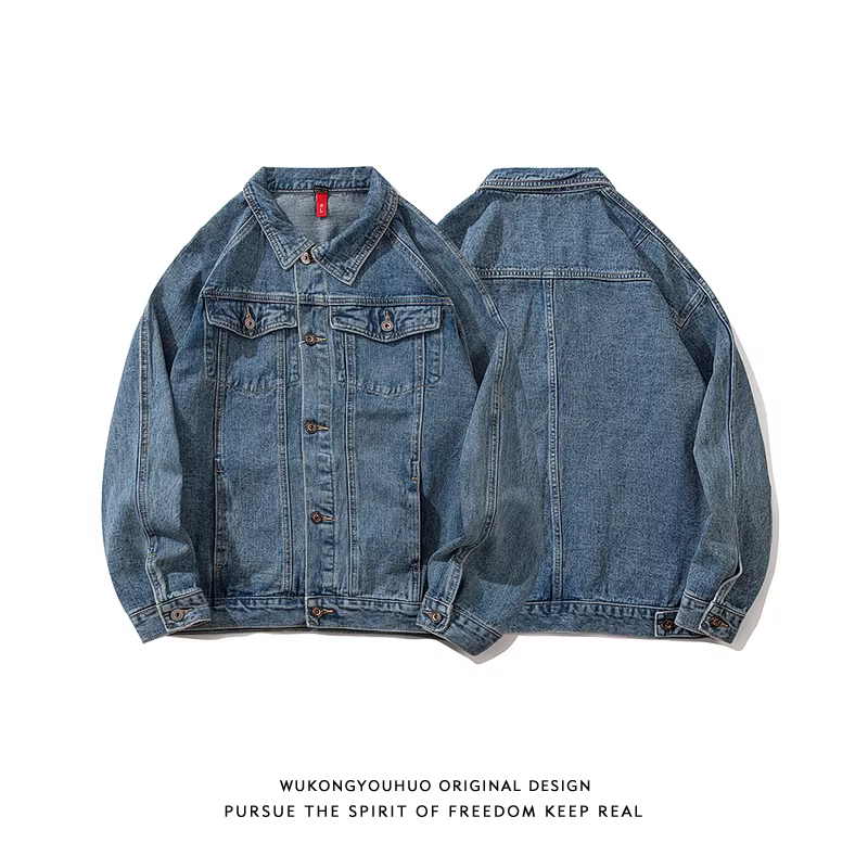 Wukong có sẵn áo khoác denim nam đã qua xử lý, kiểu dáng thời trang đường phố, dáng rộng, thoải mái, đa năng, thích hợp làm áo khoác công sở.