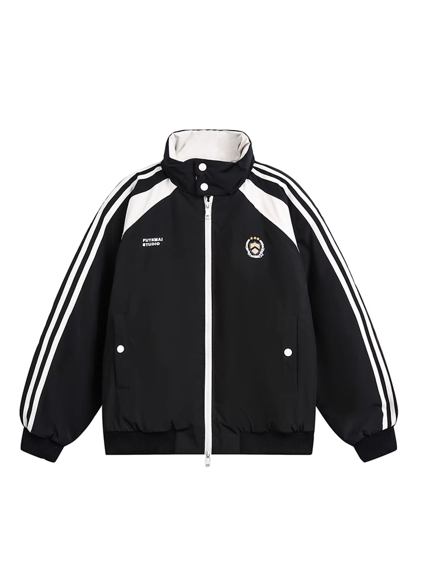 Wukong có sẵn áo khoác cotton cổ đứng sọc phối màu phong cách Mỹ thời thượng dành cho nam, phong cách đại học cổ điển, áo khoác cotton đa năng dành cho cặp đôi.