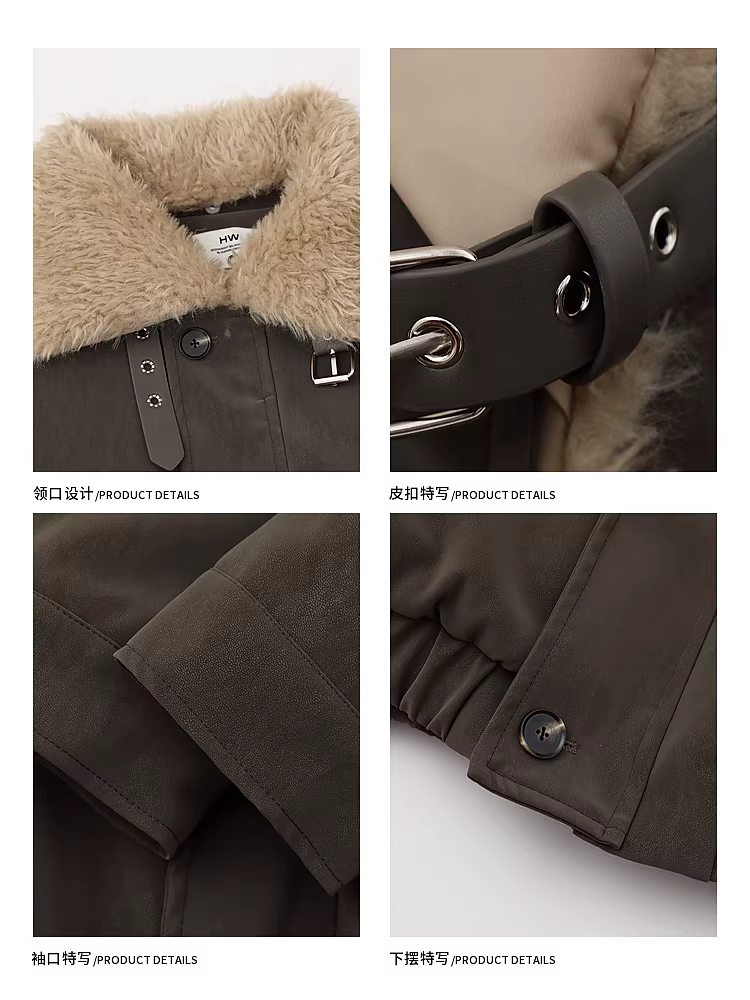 Ngộ Không có sẵn áo khoác cotton cổ lông ngắn kiểu Mỹ mùa đông 2025 dành cho nam, áo khoác cotton da PU phong cách cổ điển.