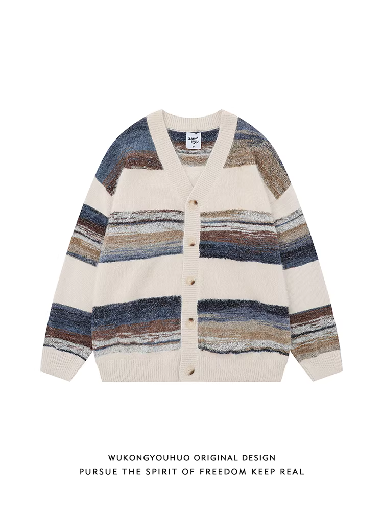 Áo khoác cardigan dệt kim sọc kiểu retro năng động của Wukong dành cho nam và nữ, thương hiệu thời thượng, dáng rộng, áo cặp.