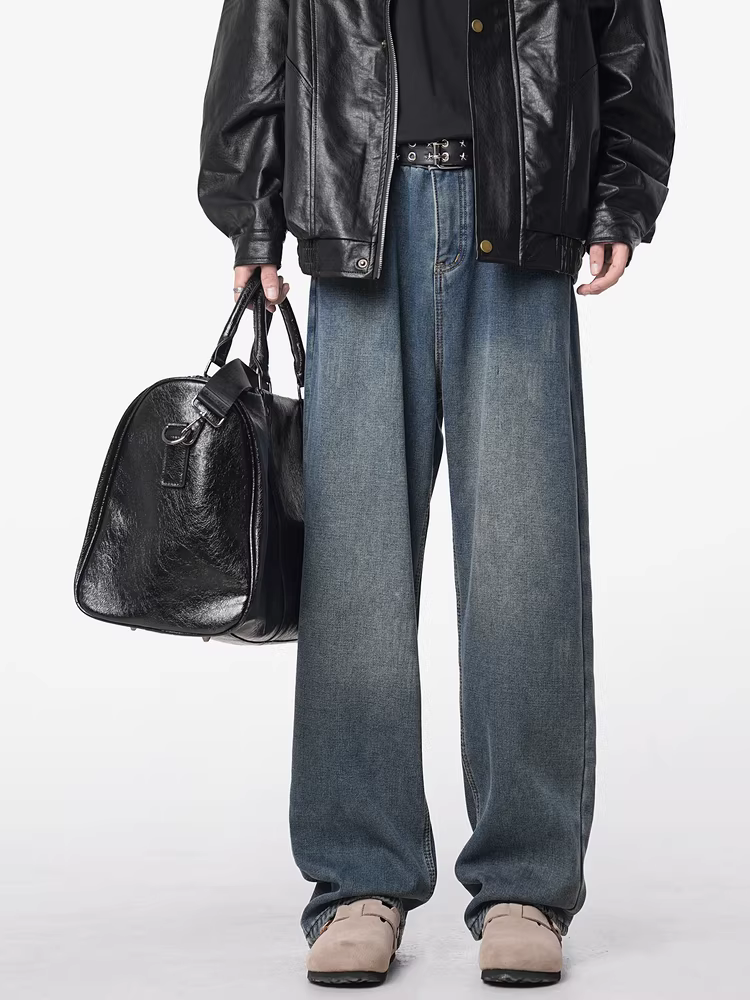 Ngộ Không có sẵn quần jean nam ống thẳng phong cách Mỹ cổ điển, chất liệu nỉ lót lông, kiểu dáng retro, mùa đông đa năng, ấm áp.