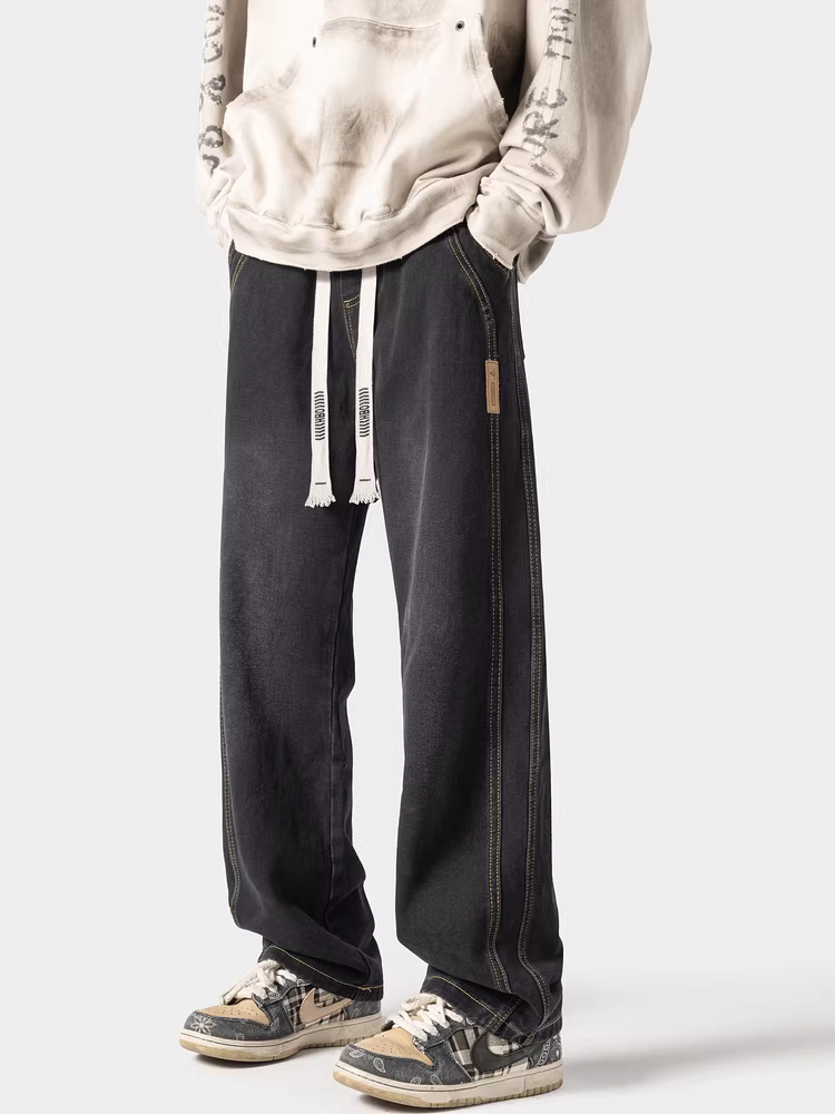 Ngộ Không có sẵn quần jean nam ống thẳng dày, lót lông cừu, kiểu Mỹ, thời trang, quần mùa đông rộng rãi, kiểu dáng cổ điển.