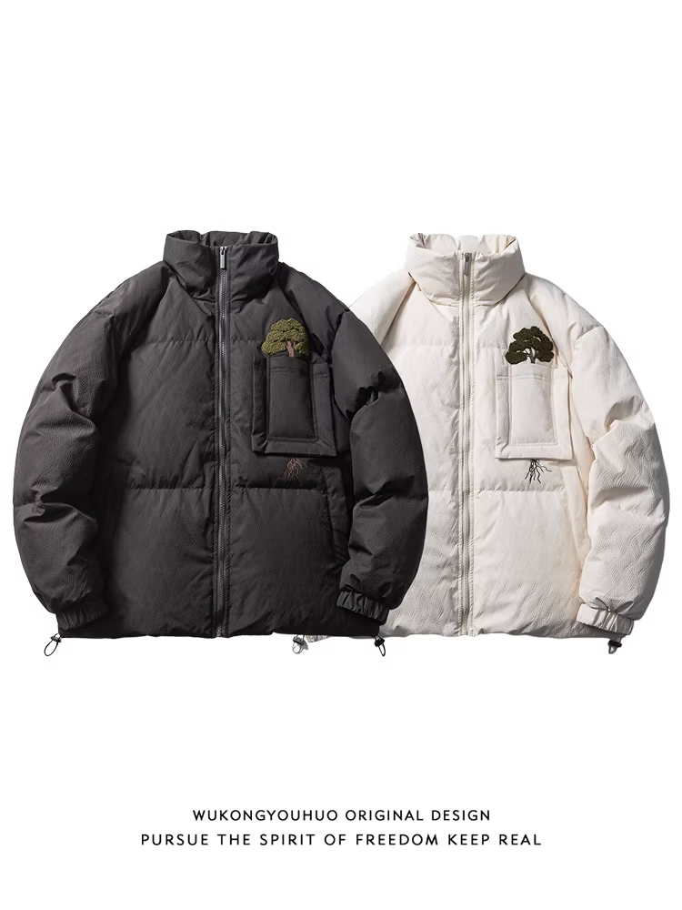 Áo khoác phao cổ đứng mùa đông thêu hình cây thông của Wukong, chất liệu 90% lông vũ trắng, dành cho nam, kiểu dáng thời thượng 2025, ấm áp và chống lạnh.