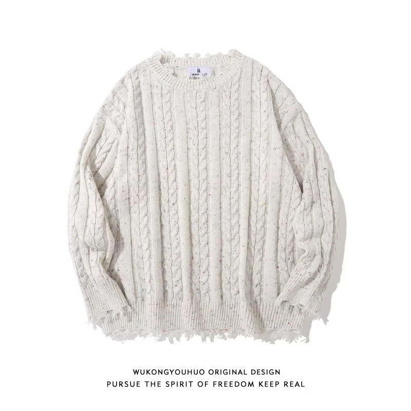 Wukong có sẵn áo len dệt kim cổ tròn, kiểu dáng retro, có lỗ, phong cách đường phố thời thượng dành cho nam, dáng rộng, áo lót đa năng.