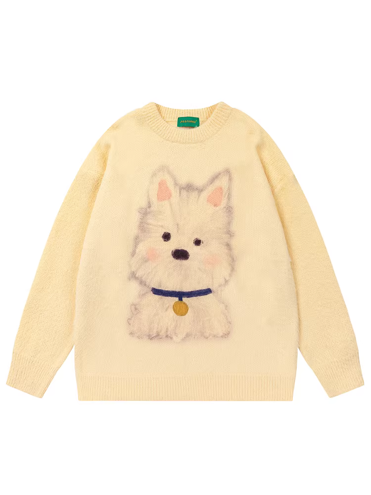 Wukong có sẵn áo len cổ tròn họa tiết chó cổ điển, chất liệu mohair, dành cho nam và nữ, kiểu dáng thời trang, rộng rãi, dành cho cặp đôi.