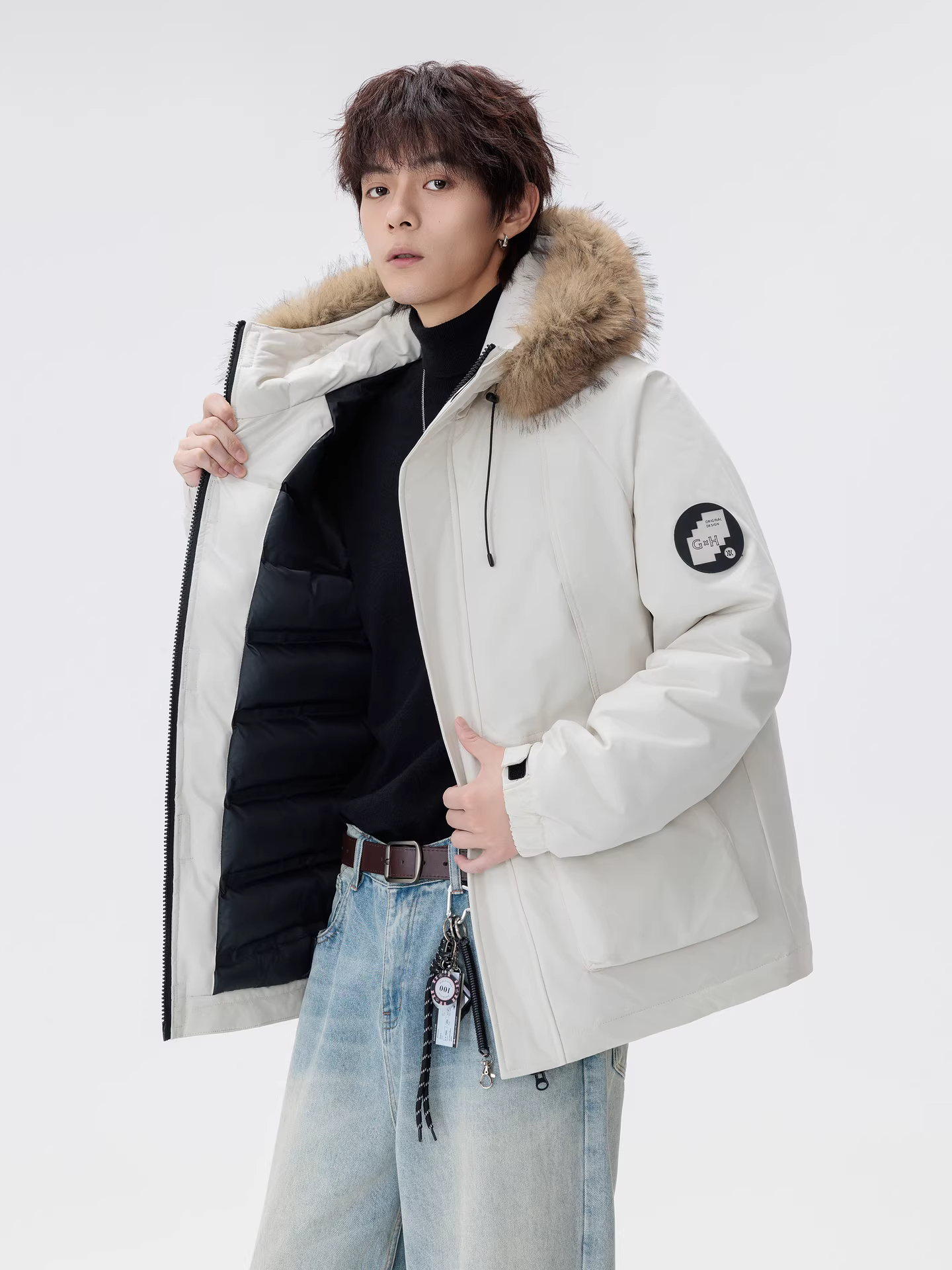 Áo khoác parka mùa đông thời trang có mũ trùm đầu và cổ lông thú của Wukong dành cho nam, kiểu dáng retro rộng rãi, áo khoác cotton đa năng ấm áp dành cho cặp đôi.