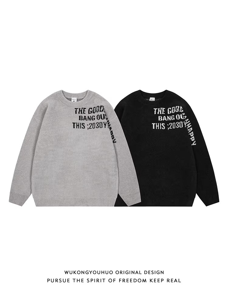 Wukong có sẵn áo len dệt kim cổ tròn họa tiết chữ cái thời thượng dành cho nam, kiểu dáng rộng rãi cổ điển, áo len chui đầu đa năng, phong cách thường ngày dành cho các cặp đôi.