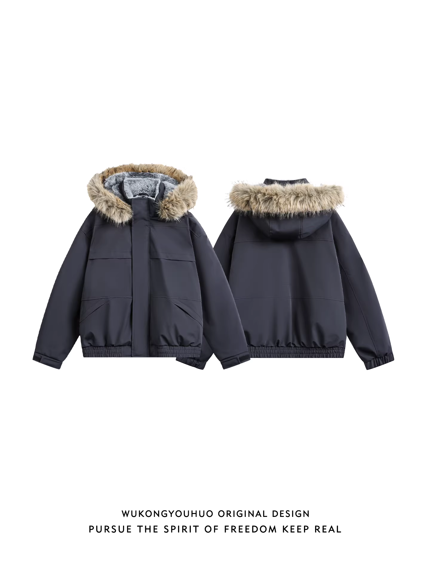 Áo khoác phao có mũ lông tháo rời mùa đông của Wukong dành cho nam và nữ, thương hiệu thời thượng, 90% lông vịt trắng, áo khoác cặp đôi, áo khoác công nhân.