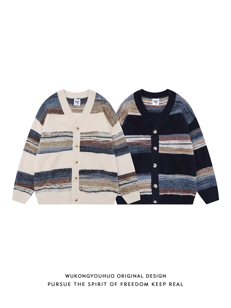 Áo khoác cardigan dệt kim sọc kiểu retro năng động của Wukong dành cho nam và nữ, thương hiệu thời thượng, dáng rộng, áo cặp.